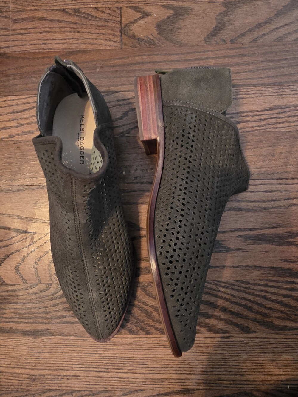 Kelsi Dagger Olive Suede Perforated Women's Slip-On Booties